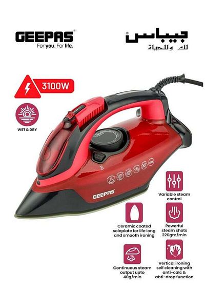 Geepas Ceramic Steam Iron Wet & Dry 350 ml 3100 W GSI24026 Red /Black