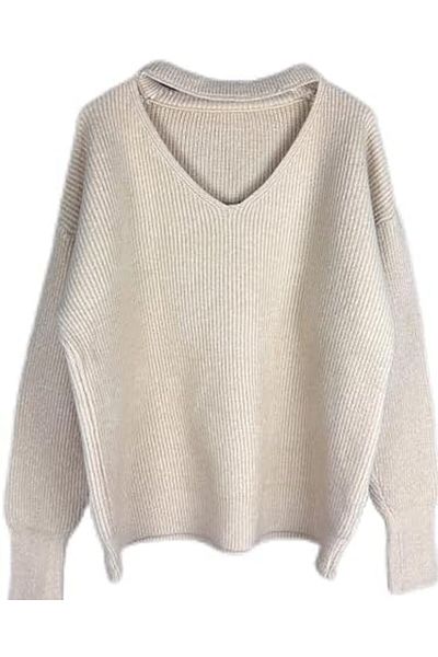 BUNCA Beige Ribbed V-Neck Sweater for Women and Girls from BUNCA