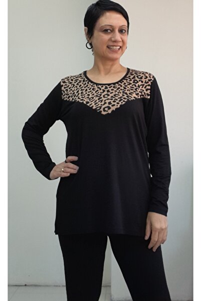 Mertcan Butik Black Front Leopard Print Long-Sleeve Combed Viscose T-Shirt
