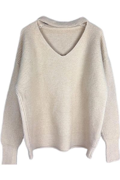 BUNCA Beige Ribbed V-Neck Sweater for Women and Girls from BUNCA
