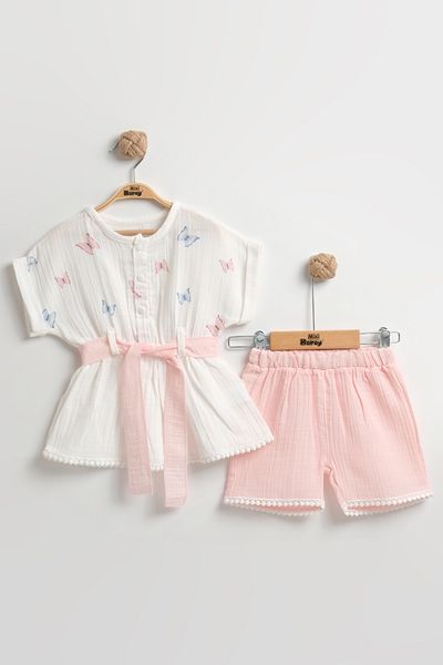 Mini Baray Organic Cotton Butterfly Girl Shorts Set (2-3-4-5 Years Old) - Breathable Summer Baby Outfit