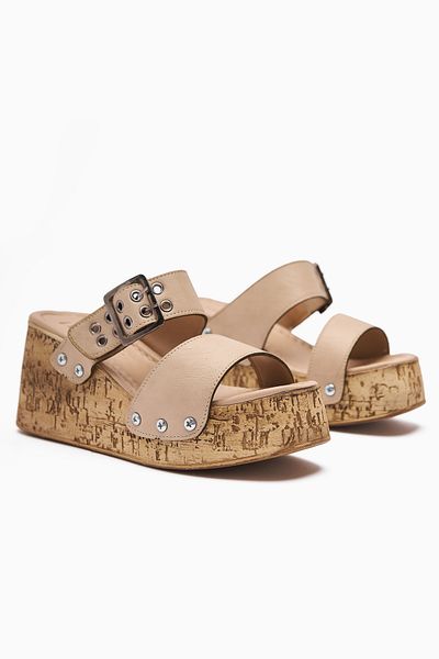 Limoya Genet Beige Screw Detailed Buckle Women's Slippers