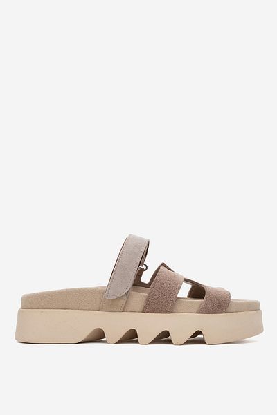 Dericlub Zy 7946 Mink - Γυναικείες καθημερινές παντόφλες Velcro και διπλές ταινίες Suede Leather