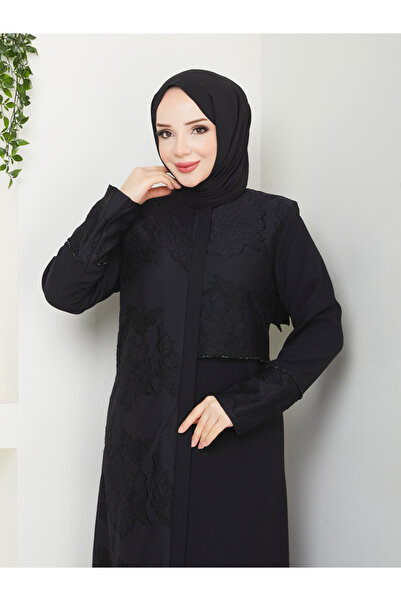 Efelif Siyah Lüx Dantel Detaylı Fermuarlı Taşlı Büyük Beden Ferace Mf-2304