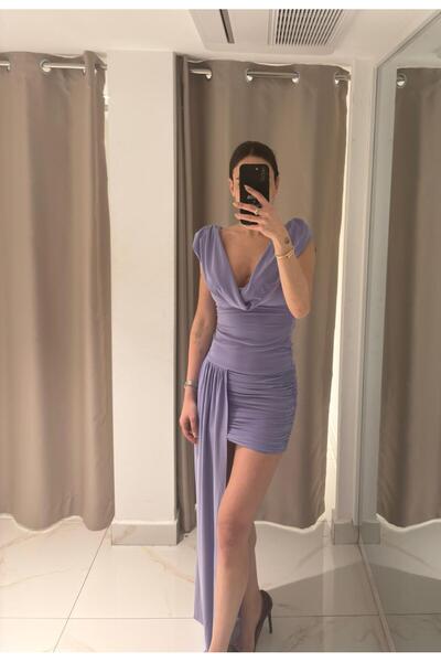 Whenever Company Lila Degaje Yaka Drapeli Asimetrik Uzun Drape Detaylı Mini Elbise