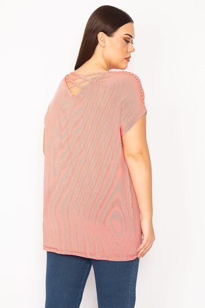 Şans Women's Large Size Red Back Detailed Low Sleeve Striped Blouse 65n30193