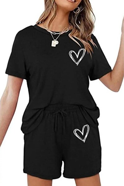 stg spor toptan giyim طقم شورت نسائي أسود مطبوع عليه قلب كبير الحجم من القطن ...