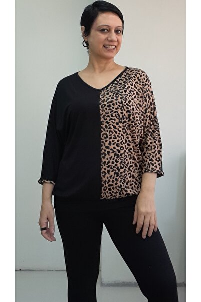 Mertcan Butik Black V-Neck Elbow Tan Leopard Print Skirt Cuffed Bat Sleeve Combed Viscose T-Shirt
