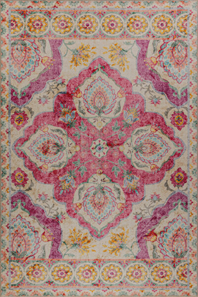 Foldy Vintage Desenli Dokuma Taban Dekoratif Pembe Halı FL 36