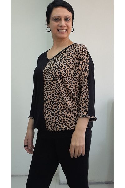 Mertcan Butik Black V-Neck Elbow Tan Leopard Print Skirt Cuffed Bat Sleeve Combed Viscose T-Shirt