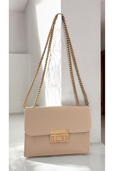 Satuna Altın Zincirli Krem Kadın Omuz Çantası