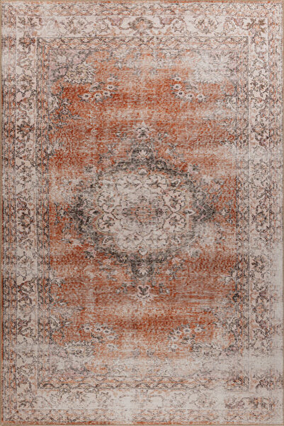 Foldy Eskitme Desenli Dokuma Taban Dekoratif Turuncu Halı FL 18