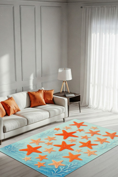 The Reef Design Mavi Turuncu Deniz Yıldızı Desenli Halı Dijital Baskılı Kayma...