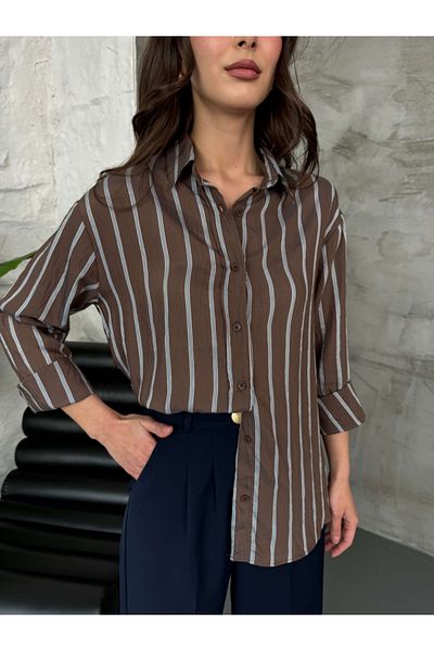 Elif Özbey Butik Coffee Blue Striped Shirt