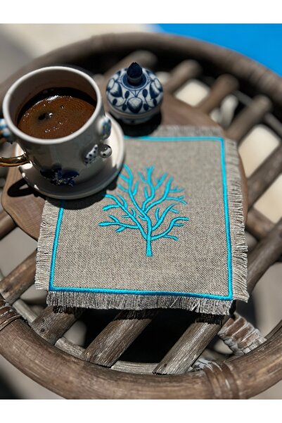 AYA Table&Gardenwear Turkuaz Mercan nakışlı keten kolteyl peçetesi