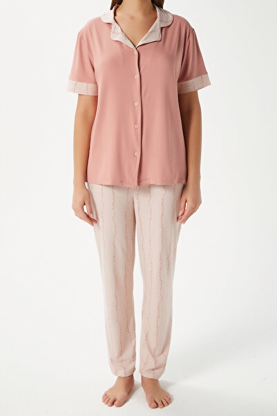 Ritnice Women's Ivy Soft Texture Powder Branch Pattern Front Button Short Sleeve Pajamas Set