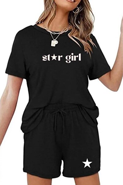 stg spor toptan giyim Set pantaloni scurți pentru femei Black Stargirl cu imp...
