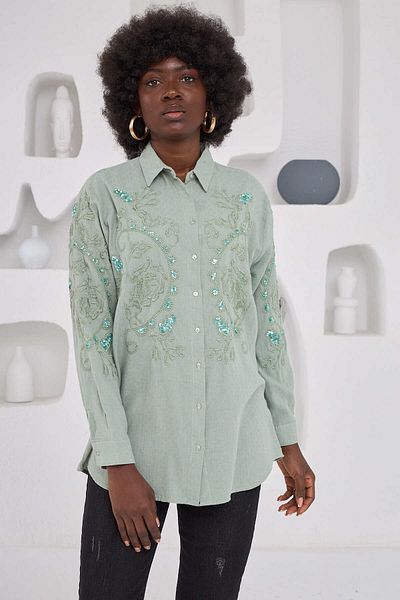 MİA NOURA Women's Front and Sleeves Embroidered Oversize Fit Cut
