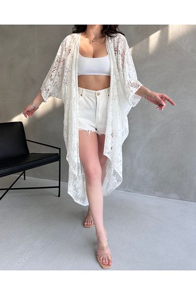 Fav Style Kimono lung cu mânecă liliac alb pentru femei