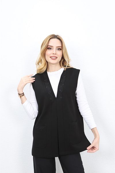 Özenli Triko Mother's Vest - Steel Knit Collar, Embroidery and Agraph, Black