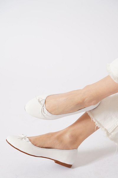 Moda Pie Merey Flat Bow Balerina pentru femei, piele albă