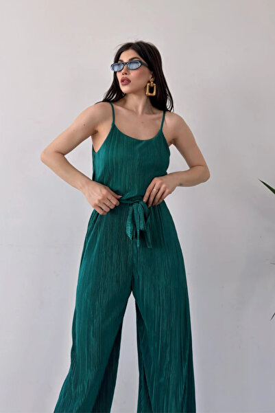 Fav Style Women's Strappy Wide Leg Belted Krinkle Jumpsuit Emerald Green