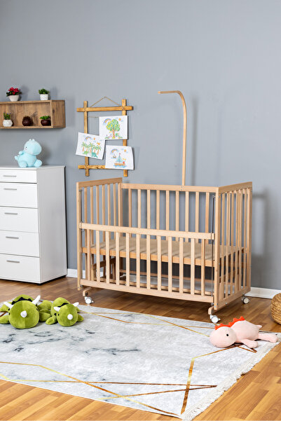 Bamgidoo Doğal Anne Yanı Organik Beşik 70x130 - Pembe Yıldız 3 Yastıklı Uyku Seti Yataklı Tekerlekli