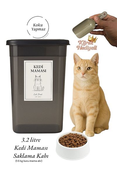 Dem Home Cat Food Storage Container 3.2 Lt. Anthracite Color Plastic Organizer