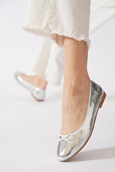 Moda Pie Merey Плоскі балетки з бантиком для жінок, срібні змійки