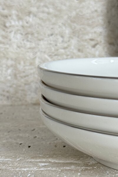 porselenden Modern Gümüş Krem 4 Kişilik 19 Cm Porselen Çukur Yemek Tabağı Seti