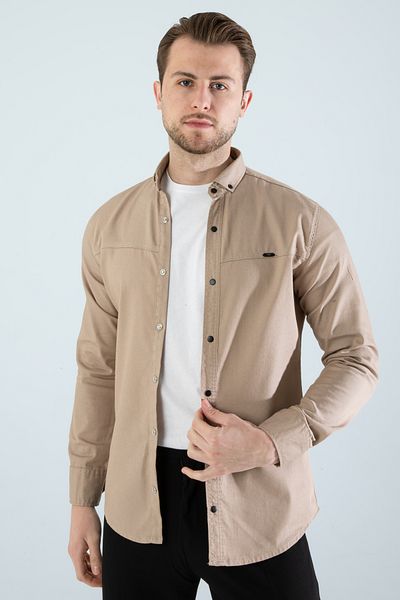 YXC Trend Maker Ανδρικό μπεζ Slim Fit Skinny Fit τζιν πουκάμισο χωρίς τσέπη