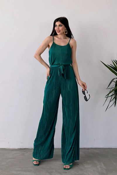 Fav Style Women's Strappy Wide Leg Belted Krinkle Jumpsuit Emerald Green