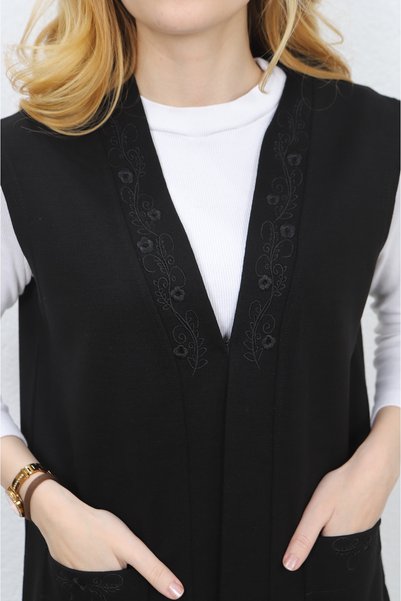 Özenli Triko Mother's Vest - Steel Knit Collar, Embroidery and Agraph, Black