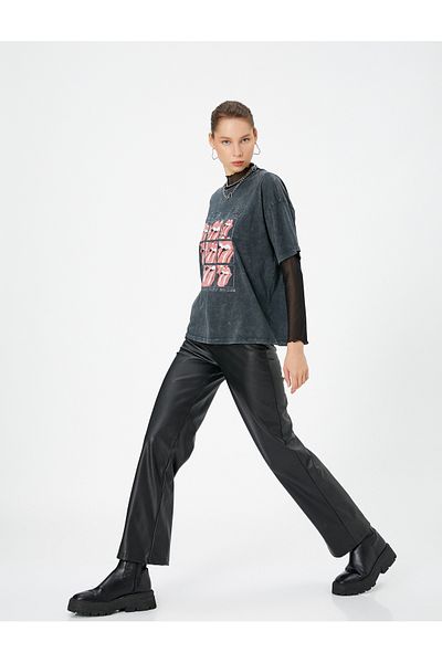 Koton Leather Look Trousers Normal Waist No Pocket