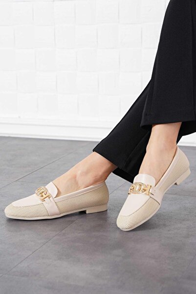 Moda Pie Tricotaj de damă Nari Ring Stone Balerina piele bej