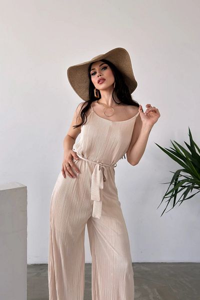 Fav Style Women's Strappy Wide Leg Belted Krinkle Jumpsuit Beige