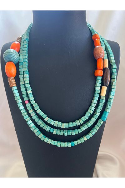 COCOSH TAKI Turquoise Blue Wooden Bead Long Winding Multi Necklace