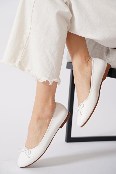 Moda Pie Merey Flat Bow Balerina pentru femei, piele albă