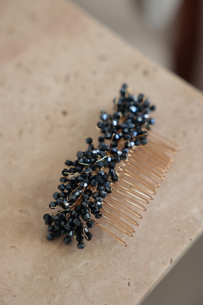 İstoria Bridal Cataramă de logodnă cu mărgele albastru închis, cataramă cu pieptene albastru închis și auriu, cataramă cu detaliu auriu