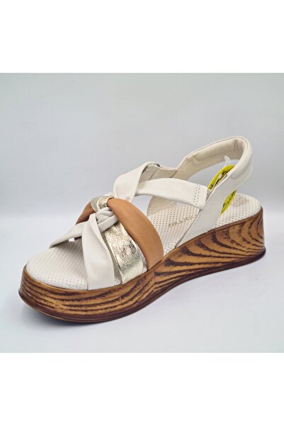 Mammamia D25Ys-5115 Cream Color Genuine Leather Anatomical Insole Side Velcro Women's Sandals