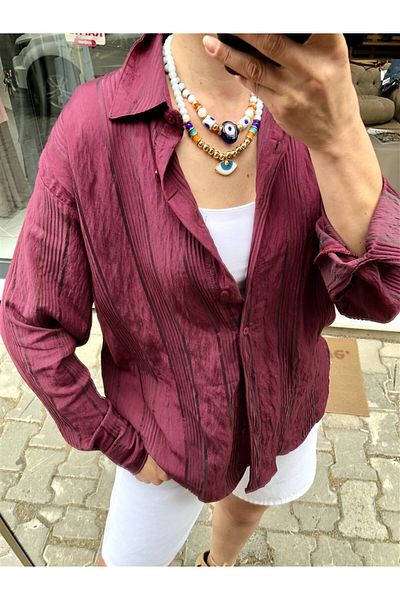Gözde Tasarım Butik Women's Burgundy Color Jacquard Back Long Shirt