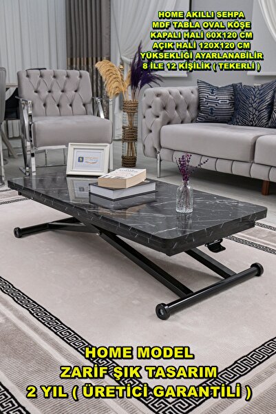 SEHPAM AKILLI Akıllı Sehpa Home Üst Tabla Mdf Siyah Mermer Oval Köşe Alt Mekanizma Siyah Renk