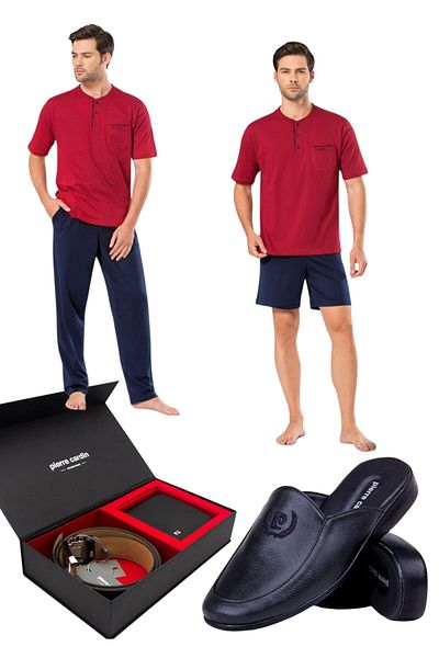 Pierre Cardin Men's Combed Cotton 100% Cotton 3-Piece Boxed Pajama Set Belt Wallet and Slippers Set