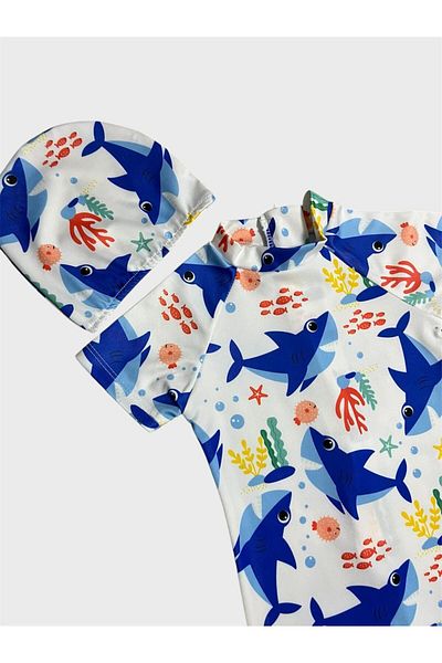 ALİŞ KİDS Boy's White Shark Fish Patterned Bonnet Short Sleeve Protected Swimsuit