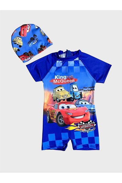 ALİŞ KİDS Boy's Blue Racing Cars Patterned Boned Short Sleeve Protected Swimsuit
