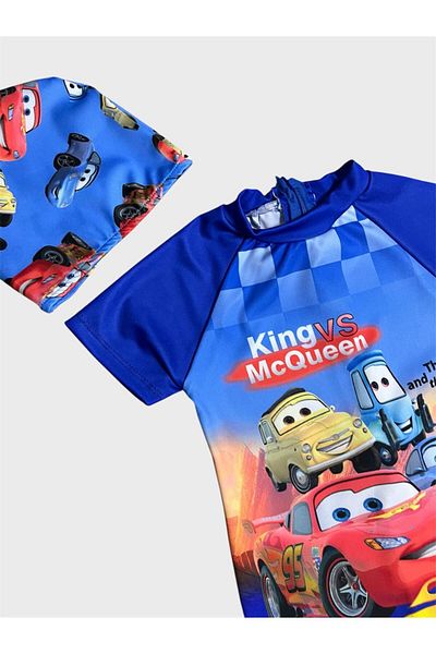 ALİŞ KİDS Boy's Blue Racing Cars Patterned Boned Short Sleeve Protected Swimsuit