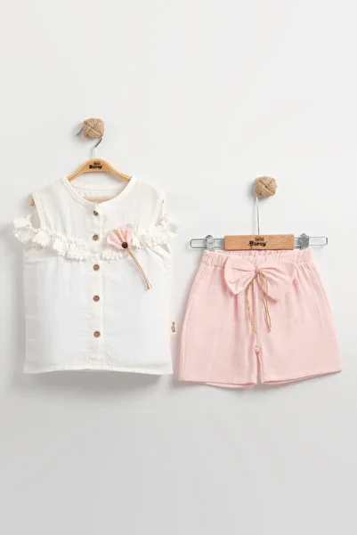 Mini Baray Girl's Set with Ruffle Detailed Muslin Shorts - 100% Cotton Breathable - (2-3-4-5 Years Old)