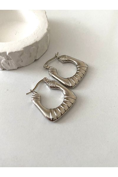 Petek Collection Patterned Silver Color Hoop Clip Steel Earrings Mother's Day Gift
