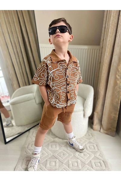 Kidmark Çocuk Modası Boy's Embroidered Brown Muslin Suit