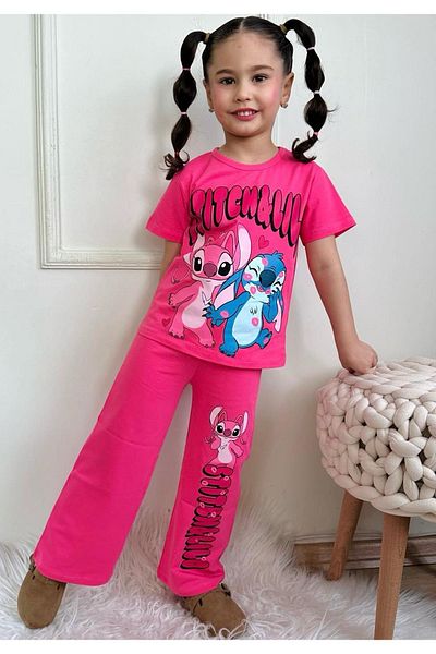 Yağmur Giyim Pjkbp Stitch Pattern Fuchsia Wide Leg Girl's Short Sleeve Suit 3-10 Years 7619-F